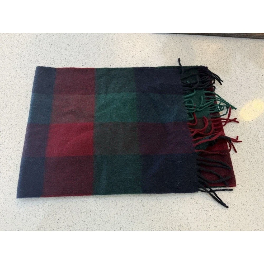 Nordstrom Red Blue Plaid Scarf 100% Cashmere 12x64 Fringe Made in Germany